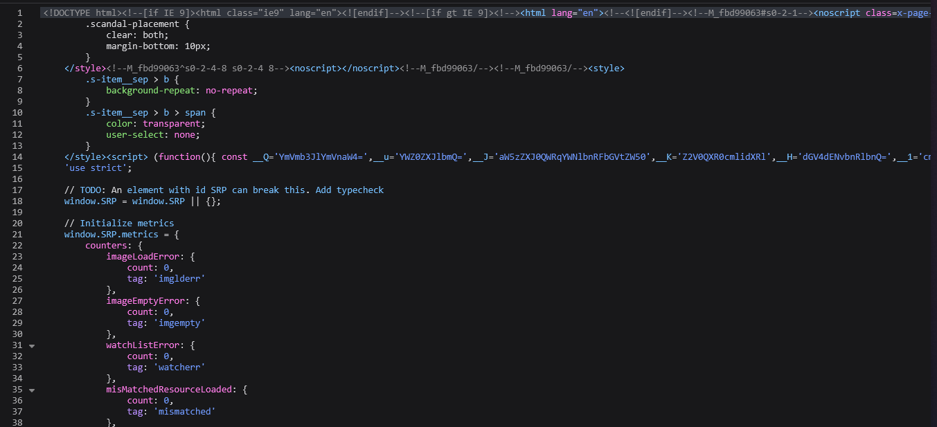 HTML код ответа сервера eBay с товарами в DevTools
